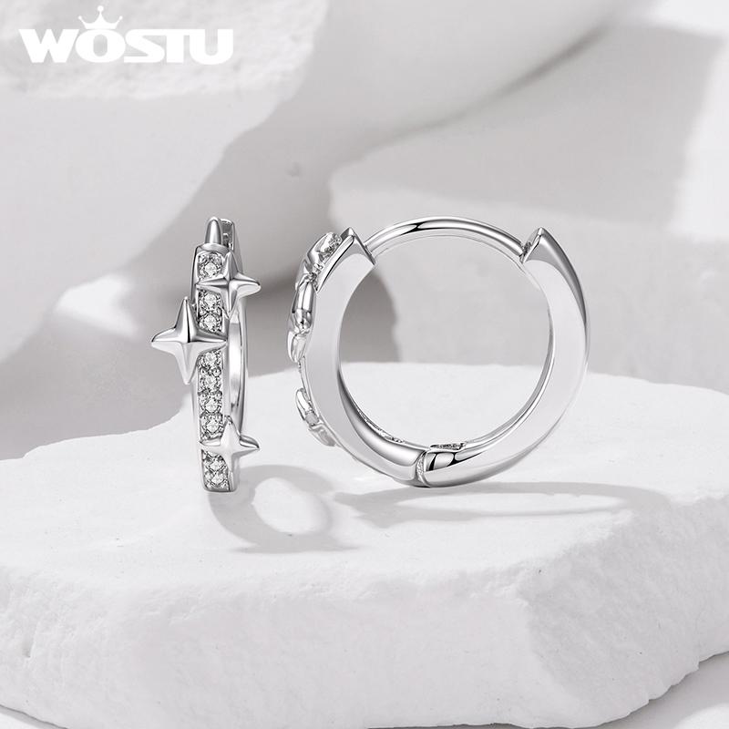 WOSTU Top Quality Star Huggie Earrings with 925 Silver Needle Wedding Zircon Hoop Earrings Hypoallergenic Party Daily Wear Gift