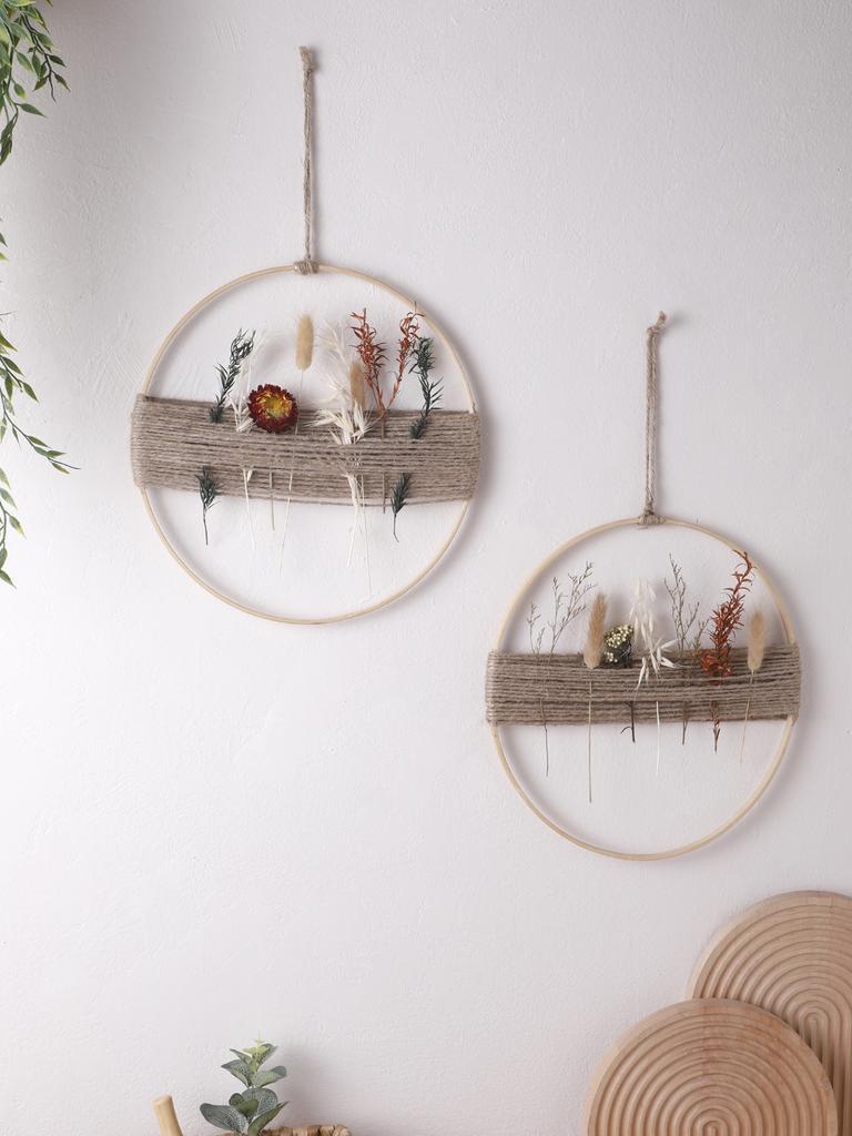 Handcrafted Wooden Wall Hanging Vase Decoration Rustic Jute Rope and Natural Dried Flowers for Home Living Room Bedroom Decor