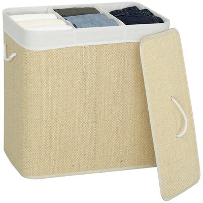 3 Section Laundry Basket with Lid, 144L Bamboo Laundry Hamper with Handles, Removable and Washable Liner, Cream White