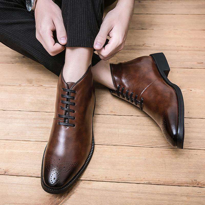 Large Size Medium Tube Fashion Men's Shoes Spring and Autumn New Outer Wear Polished Pointed Leather Boots High Top Lace-up Casual Boots