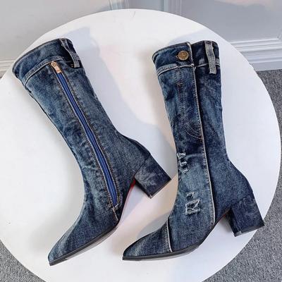 Stivali da Donna Nuovi Stivali in Denim al Ginocchio con Tacco Grosso e Punta Cerniera Laterale Stivaletti in Denim Scarpe da Donna Tacchi Alti