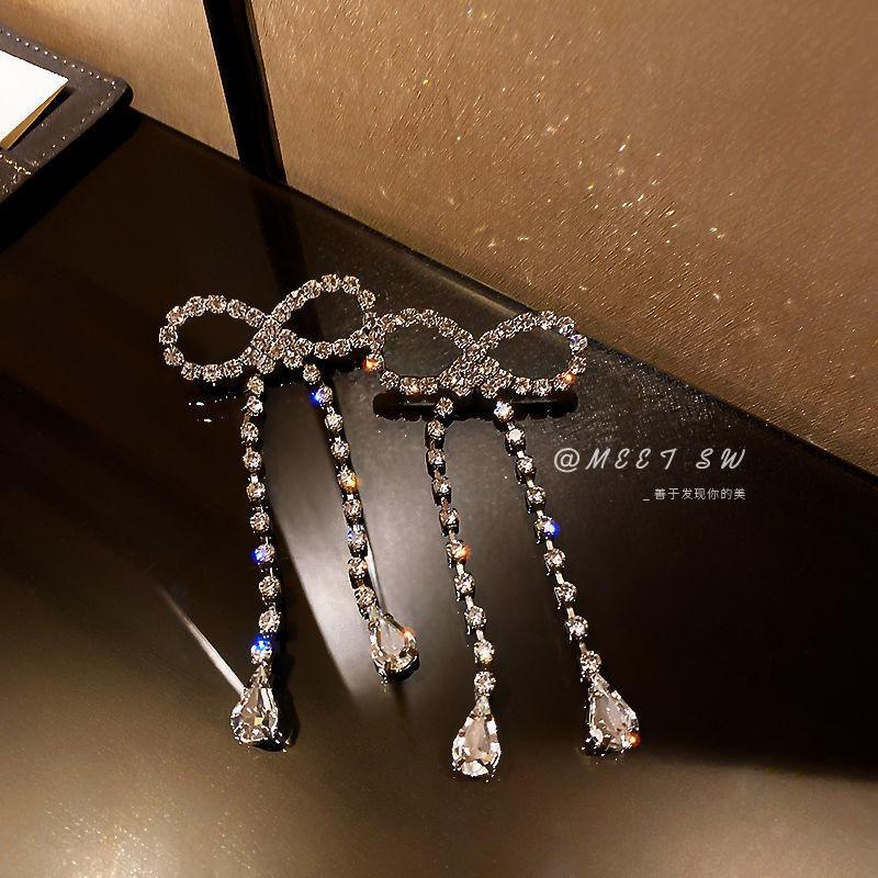 Silver Needle Diamond Flower Water Drop Tassel Earrings Exaggerated Earrings Light Luxury Premium Earrings Women