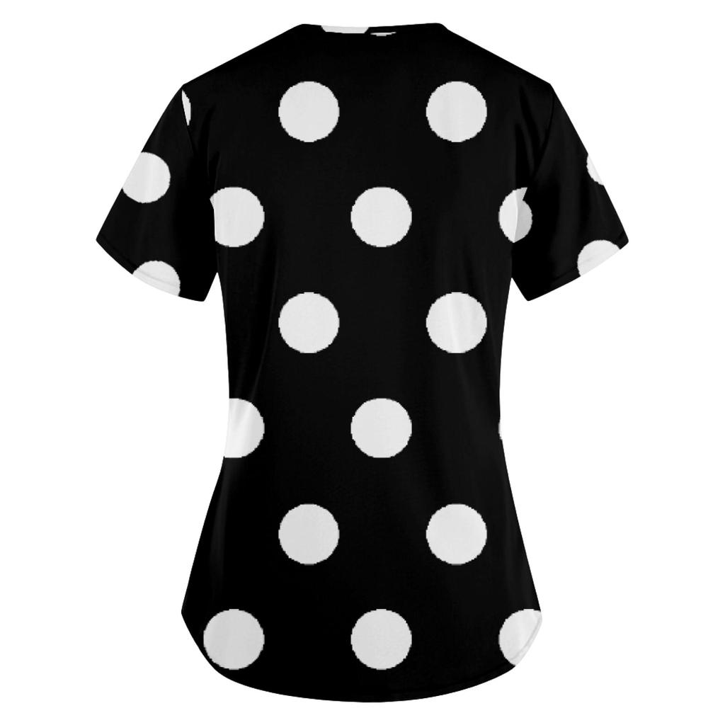 Women's Fashion Printed Work Uniform With Pocket T-Shirt Short Sleeve Top