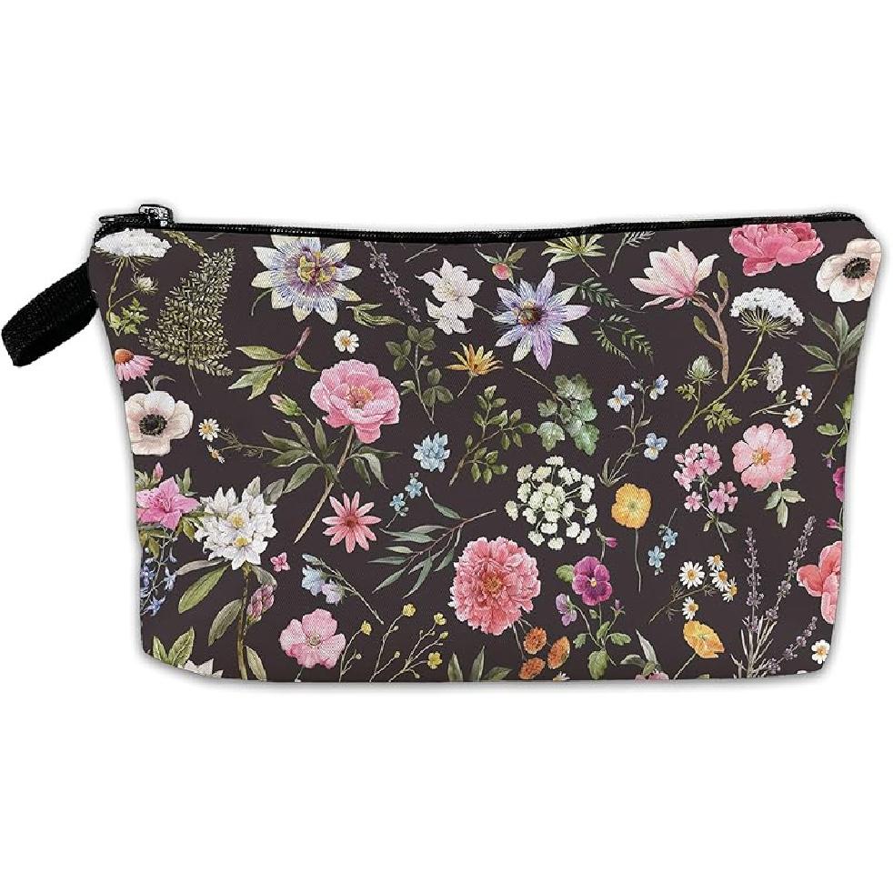 White Flower Floral Makeup Cosmetic Bag Blue Aesthetic Pouch Organizer Small Compact Cute Travel Mini Portable Beauty Toiletry Make Up Brush Storage