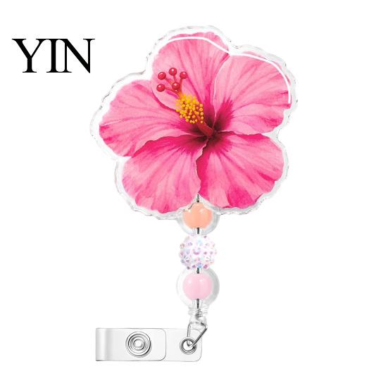 Decorative ID Badge Reel for Nurses Cute Flower Reels, Retractable Nurse Clip with Beaded Secure Backpacks Charm, Floral Name Card Holder Teacher