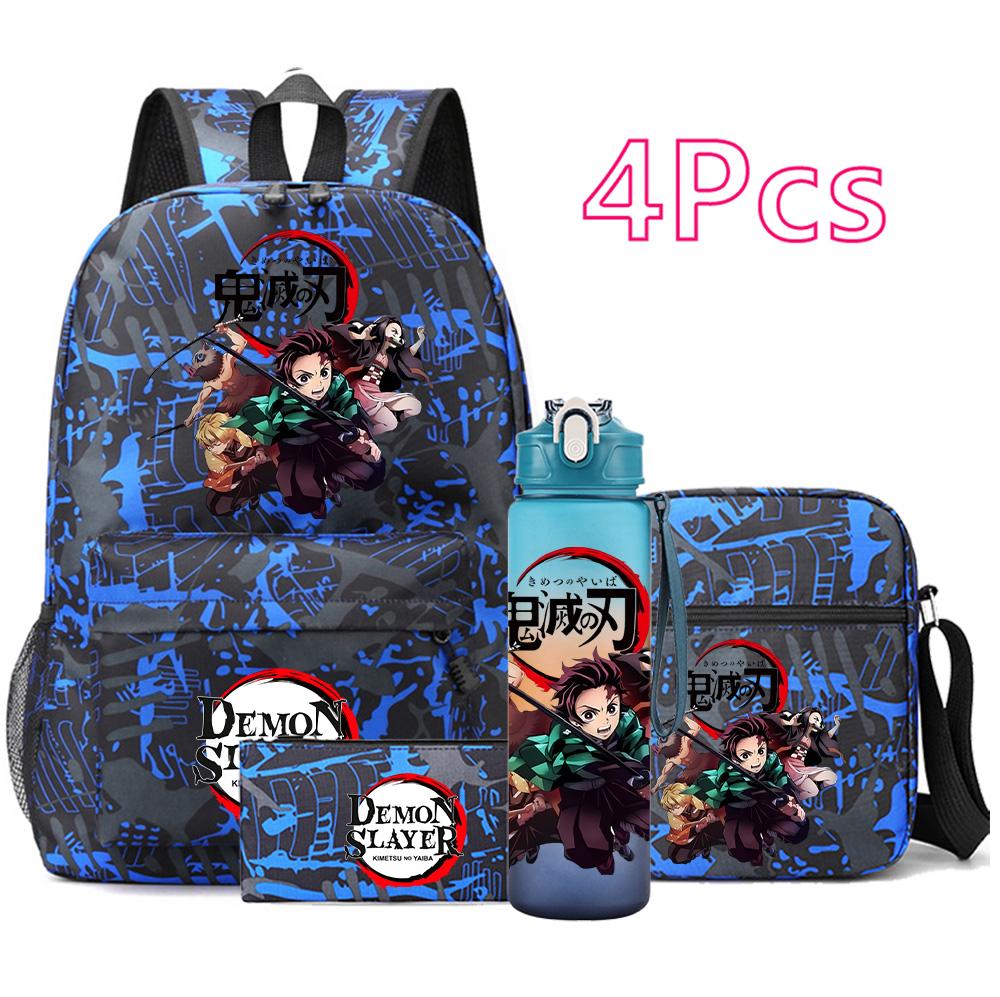 4 Pezzi/set Zaino Stampato Anime Demon Slayer Grande Capacità Borsa per Libri Borsa a Spalla Custodia per Borsa con Borraccia da 750ml Ragazzo Ragazza Zaino Impermeabile