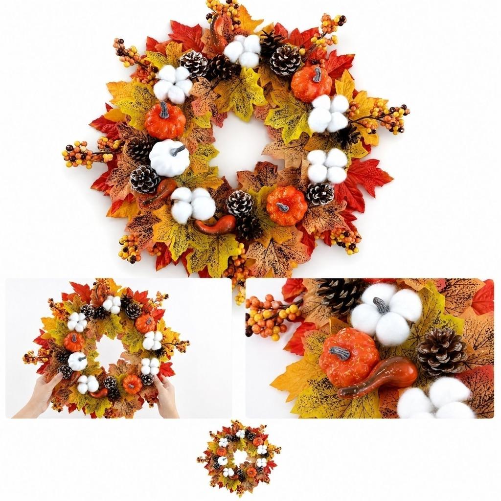 Fall Maple Leaf Wreath with Berries for Thanksgiving Halloween Christmas Rustic Home Decor