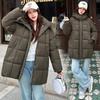 Womens Mid-Length Cotton Padded Coat With Hood Loose Fit Warm Winter Jacket In Solid Colors