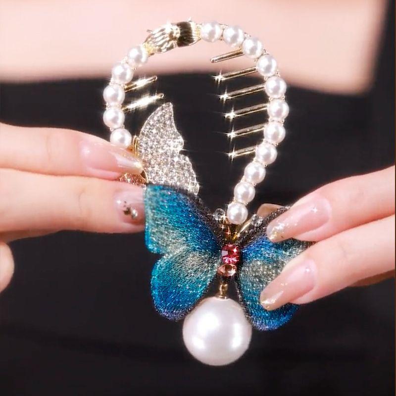 Butterfly Pearl Ponytail Clip Elegant Hair Accessories for Women Temperament Ball Hair Clip Metal Barrettes Headdress Head Buckle