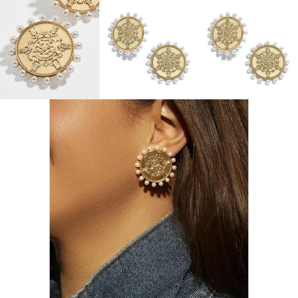 Elegant Round Pearl Stud Earrings For Women With Antique Metal Charm