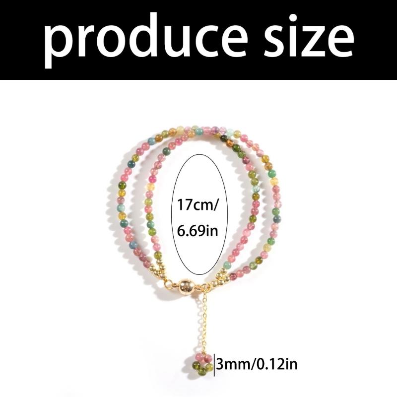 Double Layer Rainbow Natural Tourmaline Thin Copper Bracelet with 3mm Multicolor Beads 17cm Elegant Design for Women