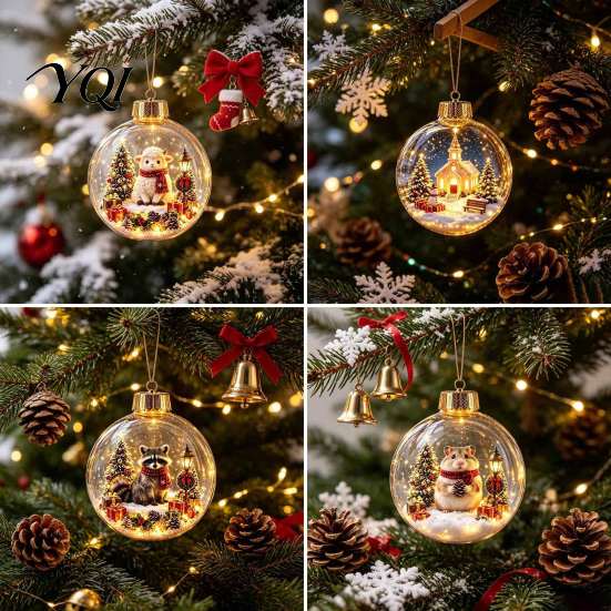 Festive Window Display Ornaments 3D Christmas Animal Faux Crystal Ball Ornament, Lighted Acrylic Hanging Decor Holiday with Hedgehog Penguin