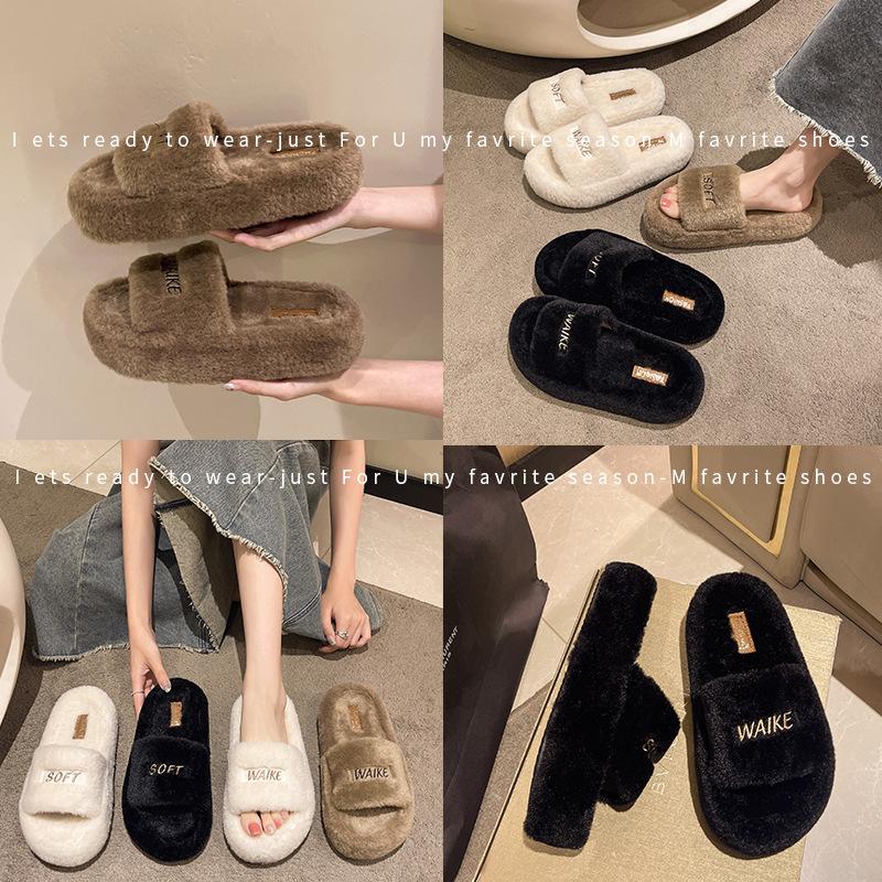 Internet Celebrity Thick Bottom One-word Fluffy Slippers Women 2025 Autumn and Winter New Niche Design Sense Super Fire Home Plush Cotton Mop