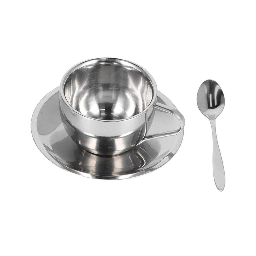 Insulated Coffee Cup with Saucer Spoon Set Stainless Steel Double Walled Mugs Milk Tea Cup for Kitchens Hotels Coffee Shops
