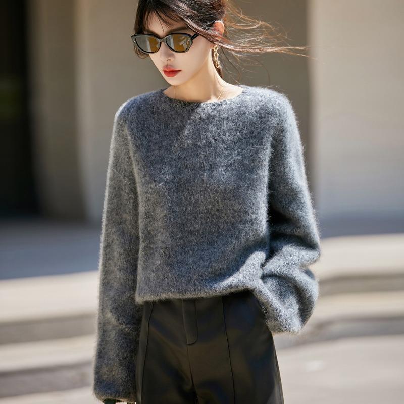 Autumn and winter new camel wool knitted loose sweater thickened large size lazy wind women's round neck pullover