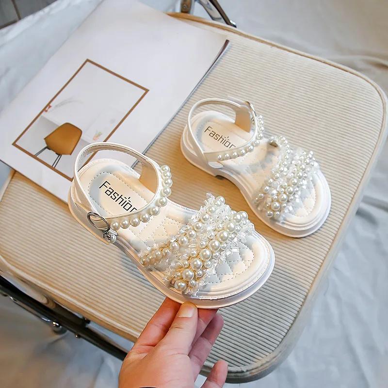 Little Kids Sweet Pearl Princess Shoes with Pearl Beading 2024 Summer New Korean Style Fashion Girl Sandals Elegant Temperament