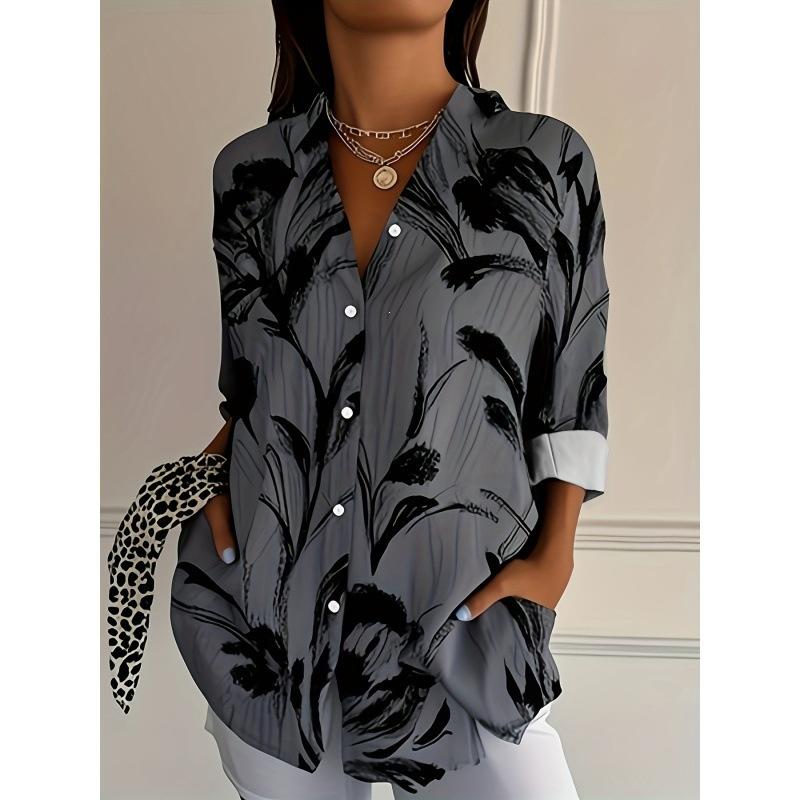 European and American 1D Digital Printing Stand-up Collar Long-sleeved Shirt Women's Loose Hawaiian Style Vacation Casual Top Trend