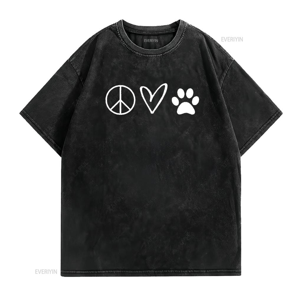 Funny Peace Sign Heart Paw Print Womens T Shirt Sarcastic Joke Black Vintage Washed Casual Versatile Stylish Streetwear