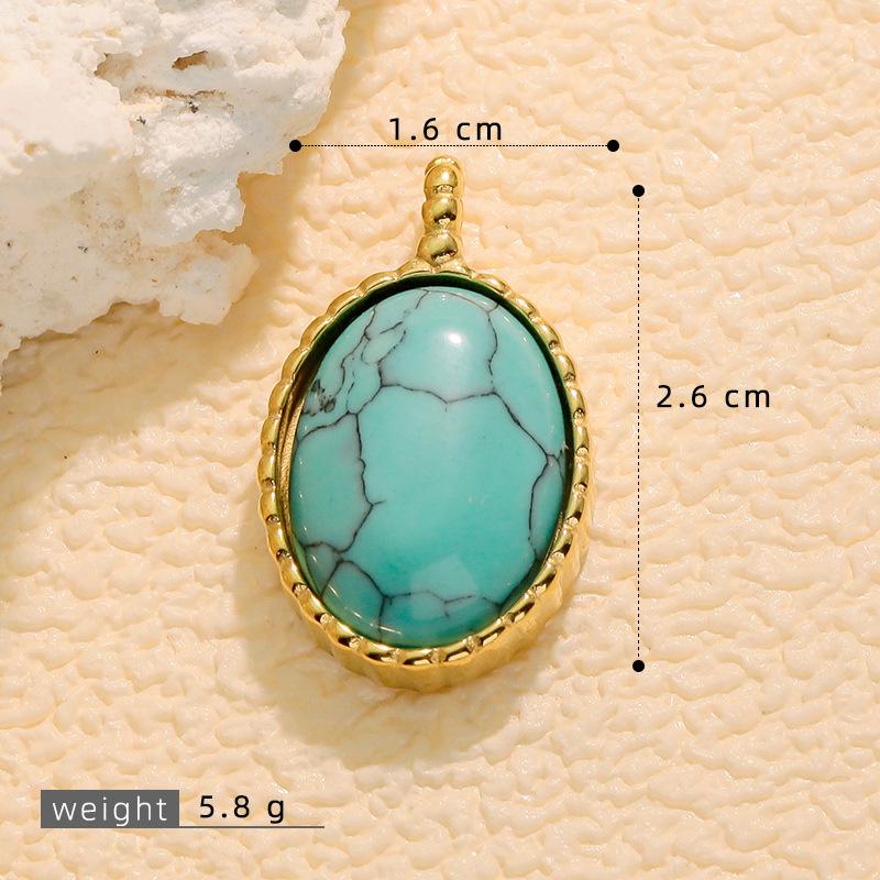 European Retro Turquoise Geometric Oval Pendant - Stainless & Titanium Steel Jewelry for Women