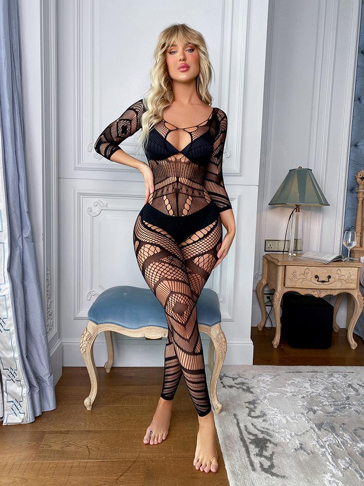 Sexy underwear direct sales women's sexy one-piece long-sleeved silky slippery ultra-thin perspective tights mesh