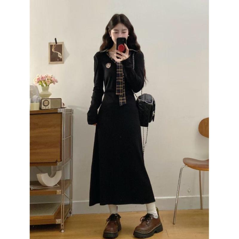 Black polo collar dress women s spring and autumn shoulder college style slightly large size splicing plaid long dress small black dress S