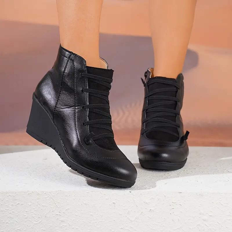 Fashion Women's Retro Platform Wedge Heel Ankle Boots Autumn Winter Cross Strap Casual Shoes Woman Plus Size Pu Leather High Heel Boots