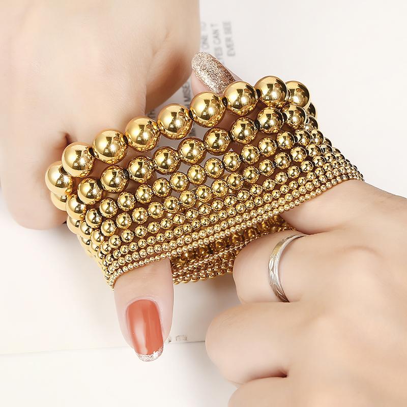 Fashion Jewelry Gold Plated Waterproof Metal Ball High Quality Smooth Diameter 3/4/6/8mm Elastic Stainless Steel Bracelet