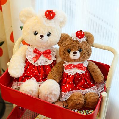Bear Doll Soft Fluffy Red Dot Dress Lace Embellishments Comfortable Hug Bear Plush Toy Bedroom Pillow Sofa Decor
