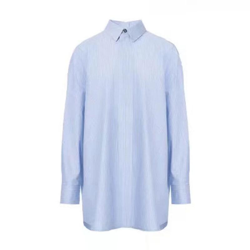 Mall 1116 Women's Clothing Autumn New Versatile Loose Front and Rear Double-breasted Striped Boyfriend Style Long-sleeved Shirt
