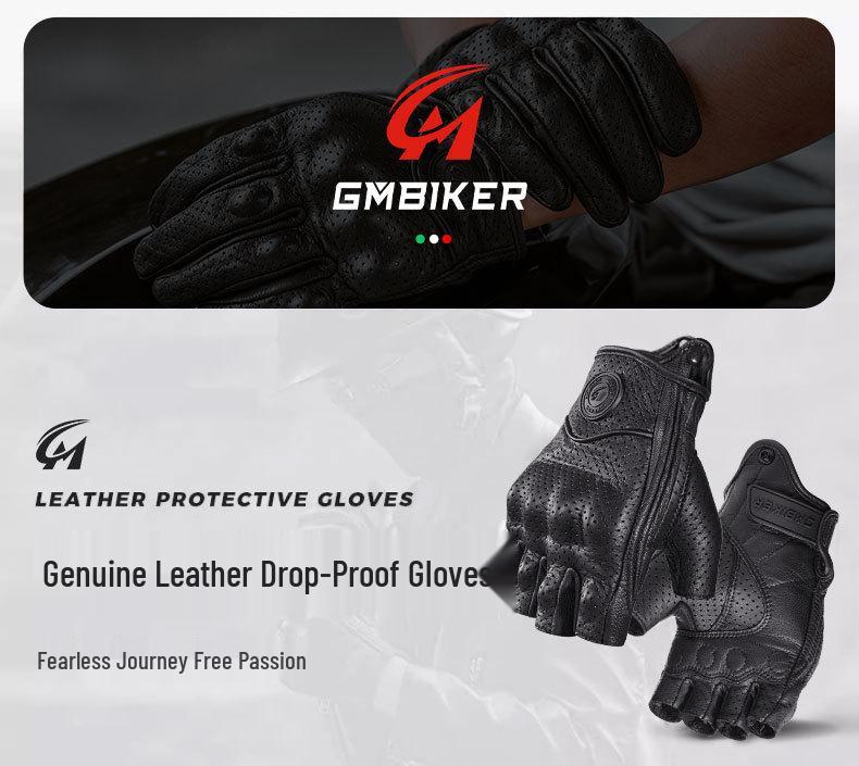 GMBIKER Genuine Leather Retro Motorcycle Half-Finger Gloves - Anti-Fall, Breathable, Full-Finger Optional for Summer Riding