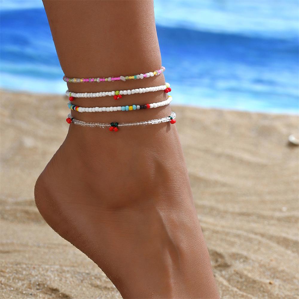 Multicolor Rice Beads Cute Small Cherry Anklets For Women 4pcs/Set Foot Chain Beach Jewelry Ankle Bracelet Summer Accessories