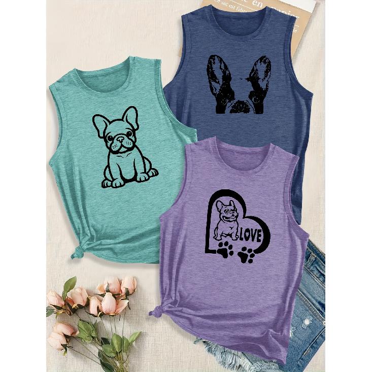 Women's Elegant Style Simple Cute Animal Dog Letter Combination Gift Print Pattern Round Neck3Sleeveless Vest Spring/summer Women's Top