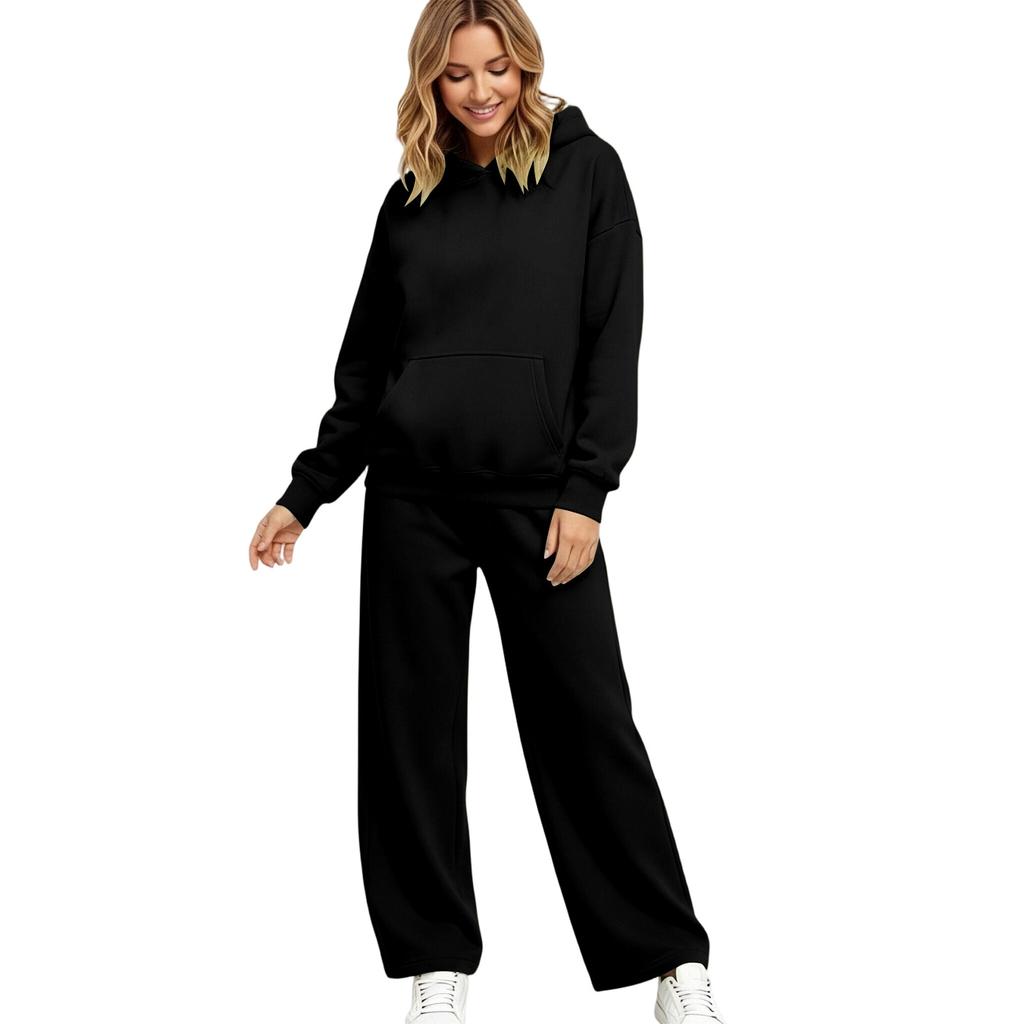 Women's Lined Drop Shoulder Top and Wide Leg Pants 2 Piece Set Color Loose Fit Casual Fall Winter Outfit