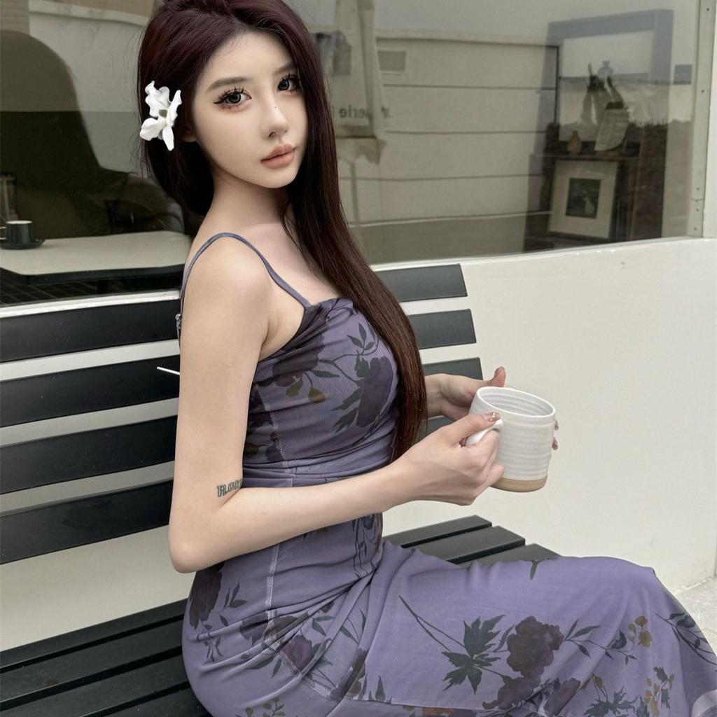 Purple suspender floral dress children's summer new pear-shaped figure high-end slim-fitting hip-wrapped dress