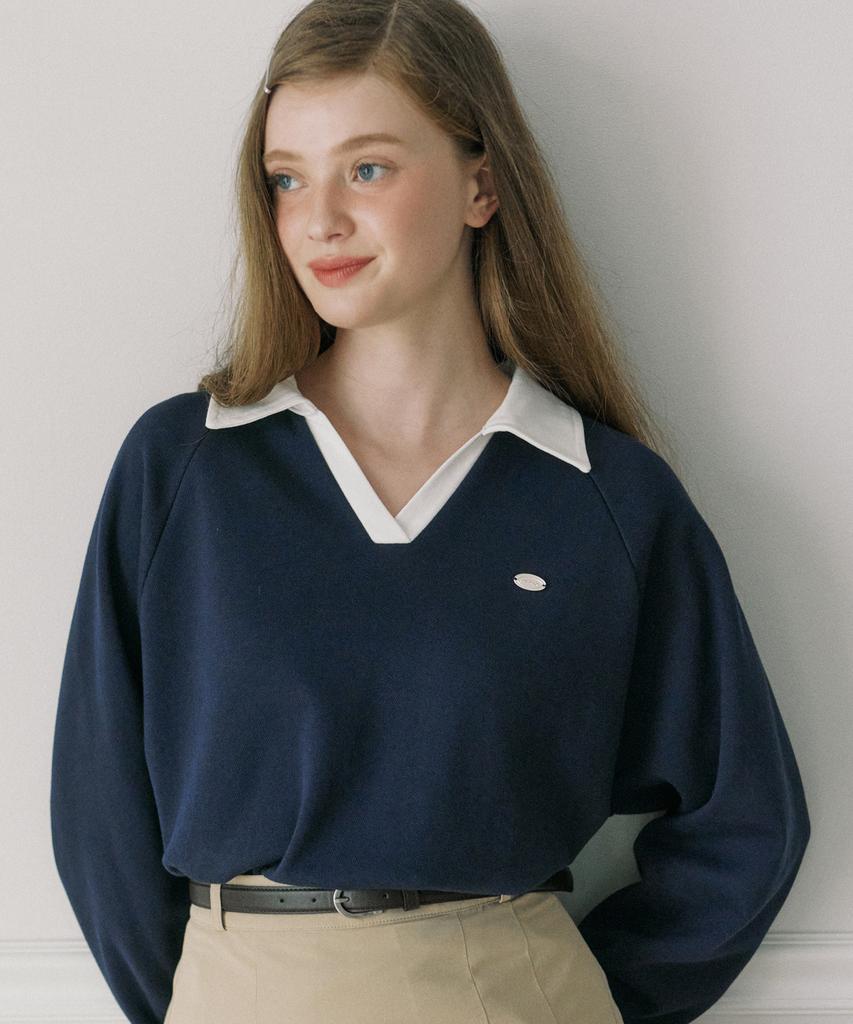OURHOPE Pique Open Collar Sweatshirt - Navy