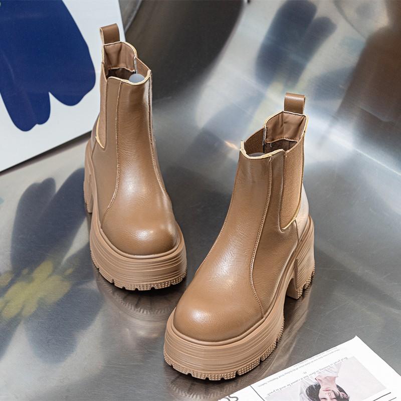 Fashion AIYUQI Women Ankle Boots Genuine Leather 9cm Heel High Boots Women Platform High Heel British Style Women Chelsea Booties