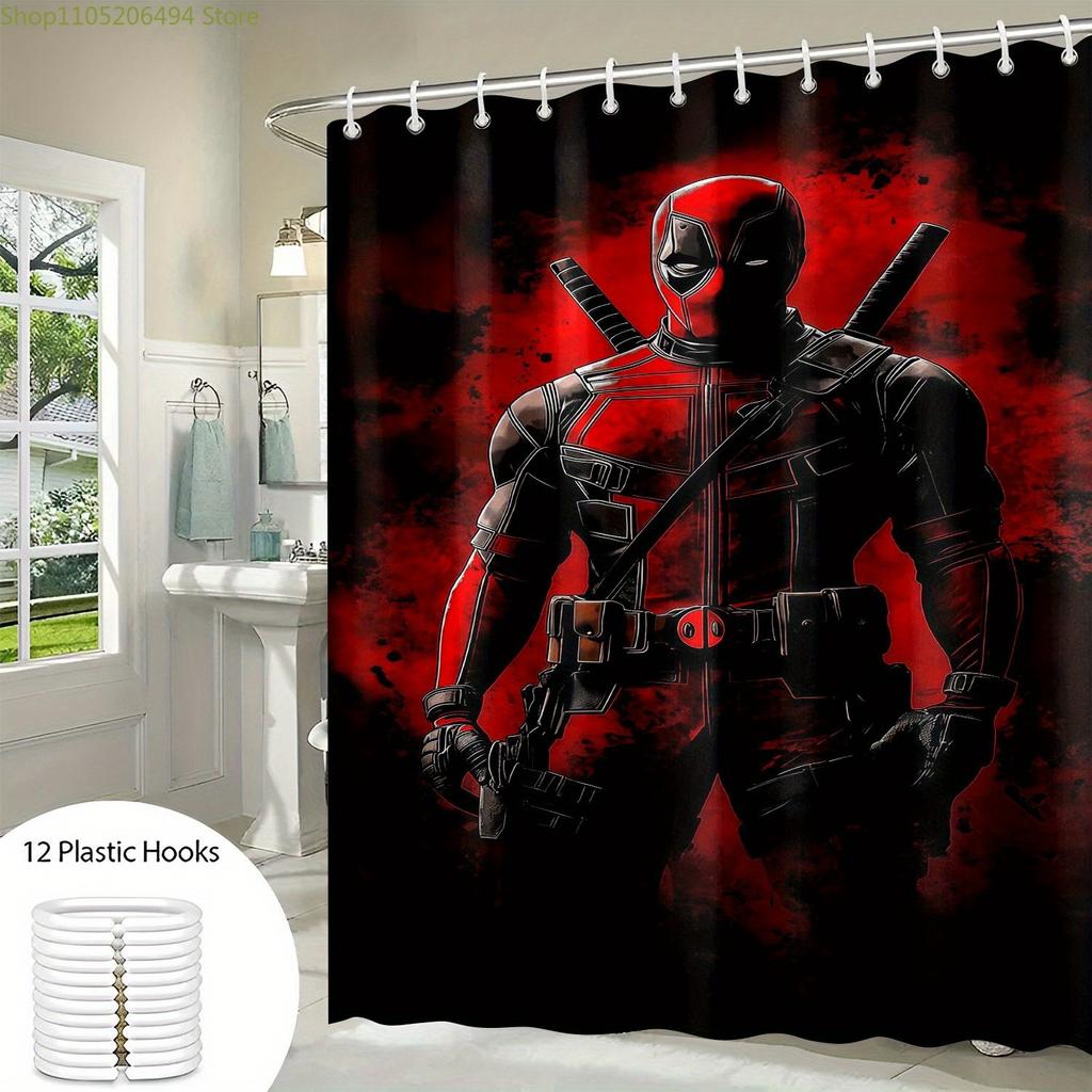 Marvel Deadpool Shower Curtain with Hooks - Machine Washable, Stylish Red & Black Design, Perfect for Bathroom Decor, Availabl