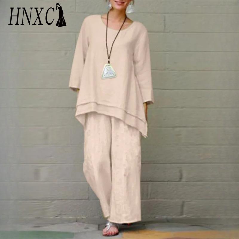 

HNXC Женский однотонный винтажный брючный костюм из хлопка и льна, повседневный, с длинным рукавом, свободный хлопковый комплект XL абрикосовый