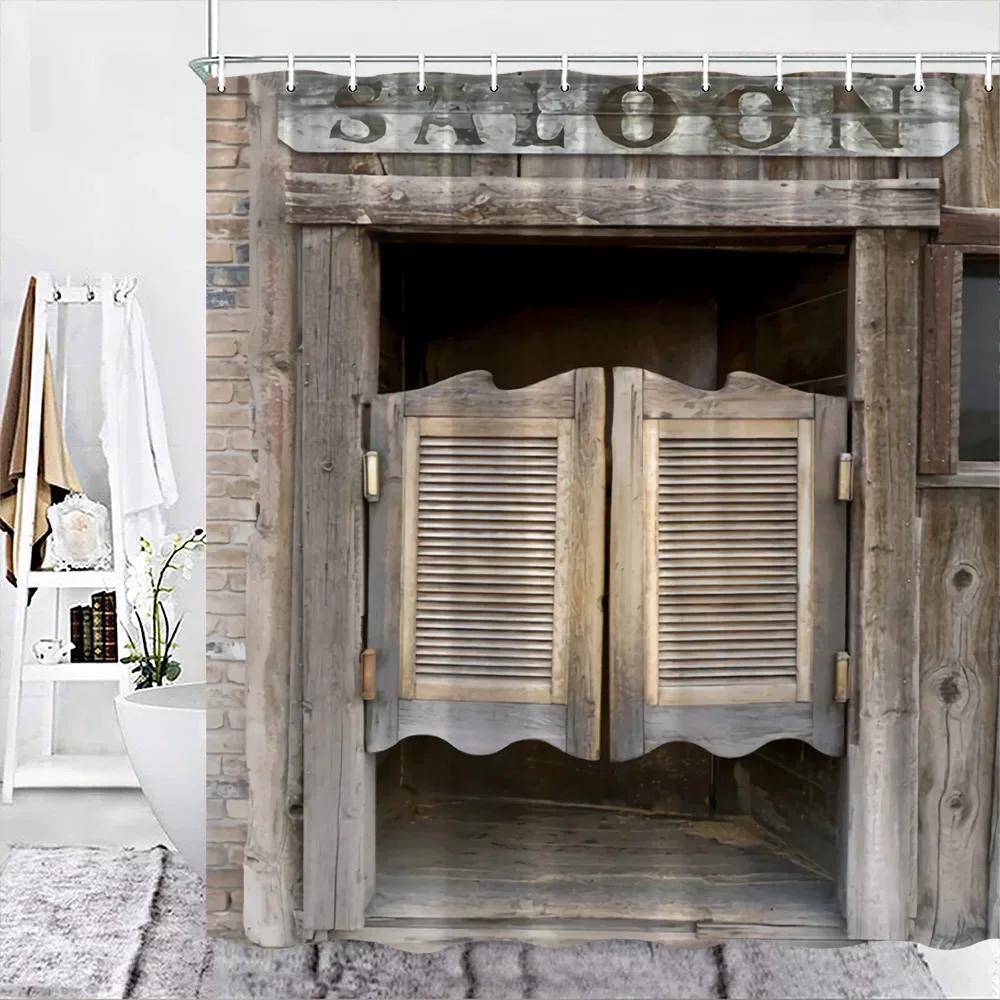 Rustic Wooden Barn Door Decor Shower Curtain For Bathroom Western Country Theme Vintage Rural Farm House Door Bath Curtains Set