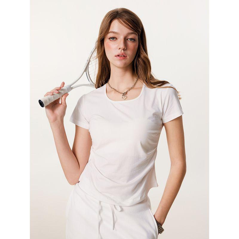 Western Style 150G Solid Square Collar Shoulder Short Sleeve T-shirt Fashion Brand Gyaru Waist Hugging Slimming Casual U Collar Top Women Fashion