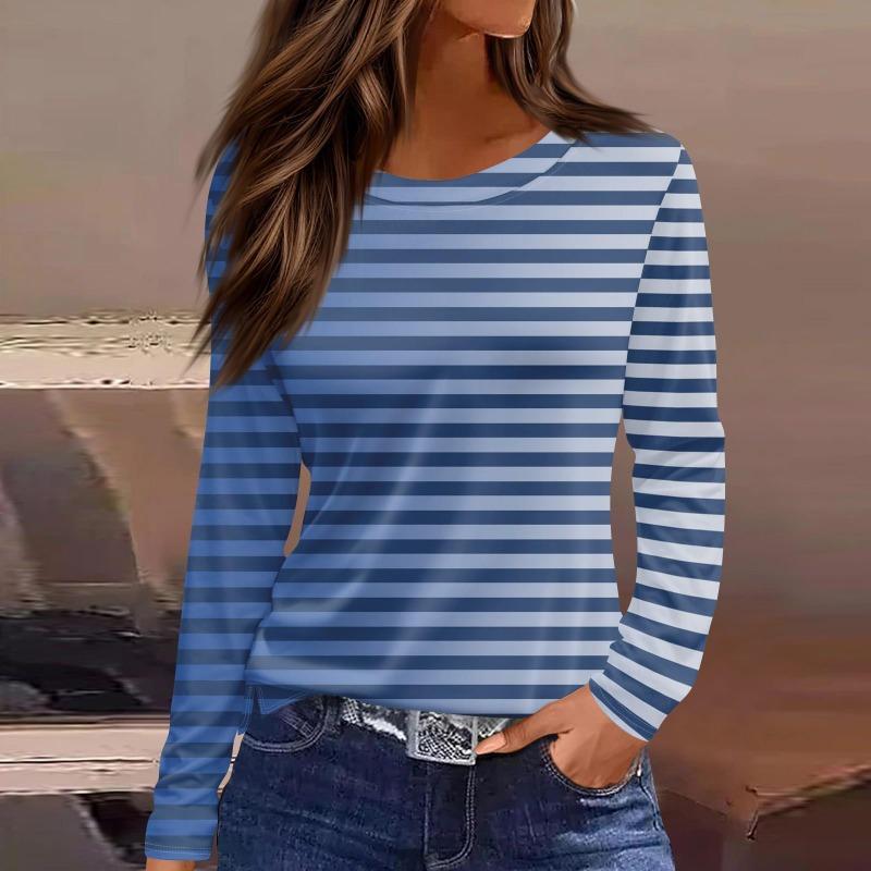 Vår og høst Langermet Gradient Stripe Trykte T-skjorter Kvinner Basic Casual Topper Kvinnelig Løs Rund Hals Tees Klær
