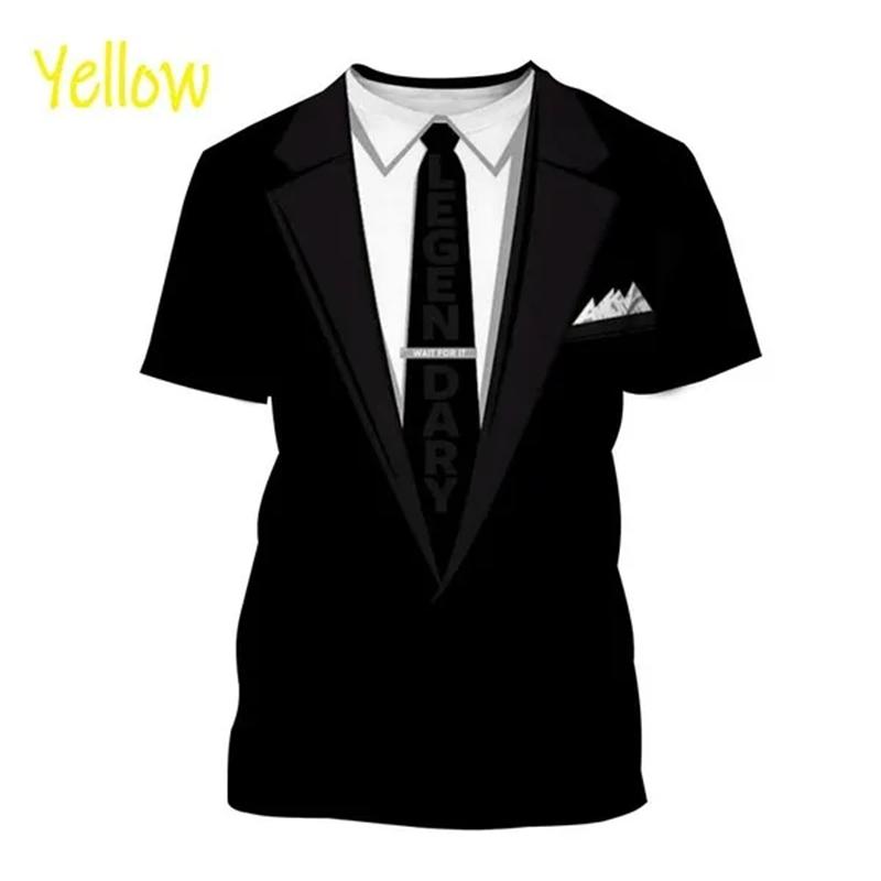 Summer Round Neck 3D Tuxedo Retro Tie Printed Top Fake Suit Tops Fashionable Casual Short Sleeved Men's T-shirts