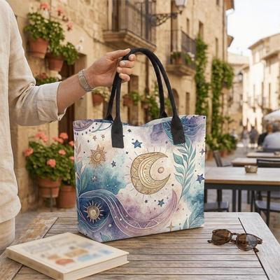  Boho Sun Moon Print Tote Bag Casual Large Capacity Shoulder Handbag for Daily Use
