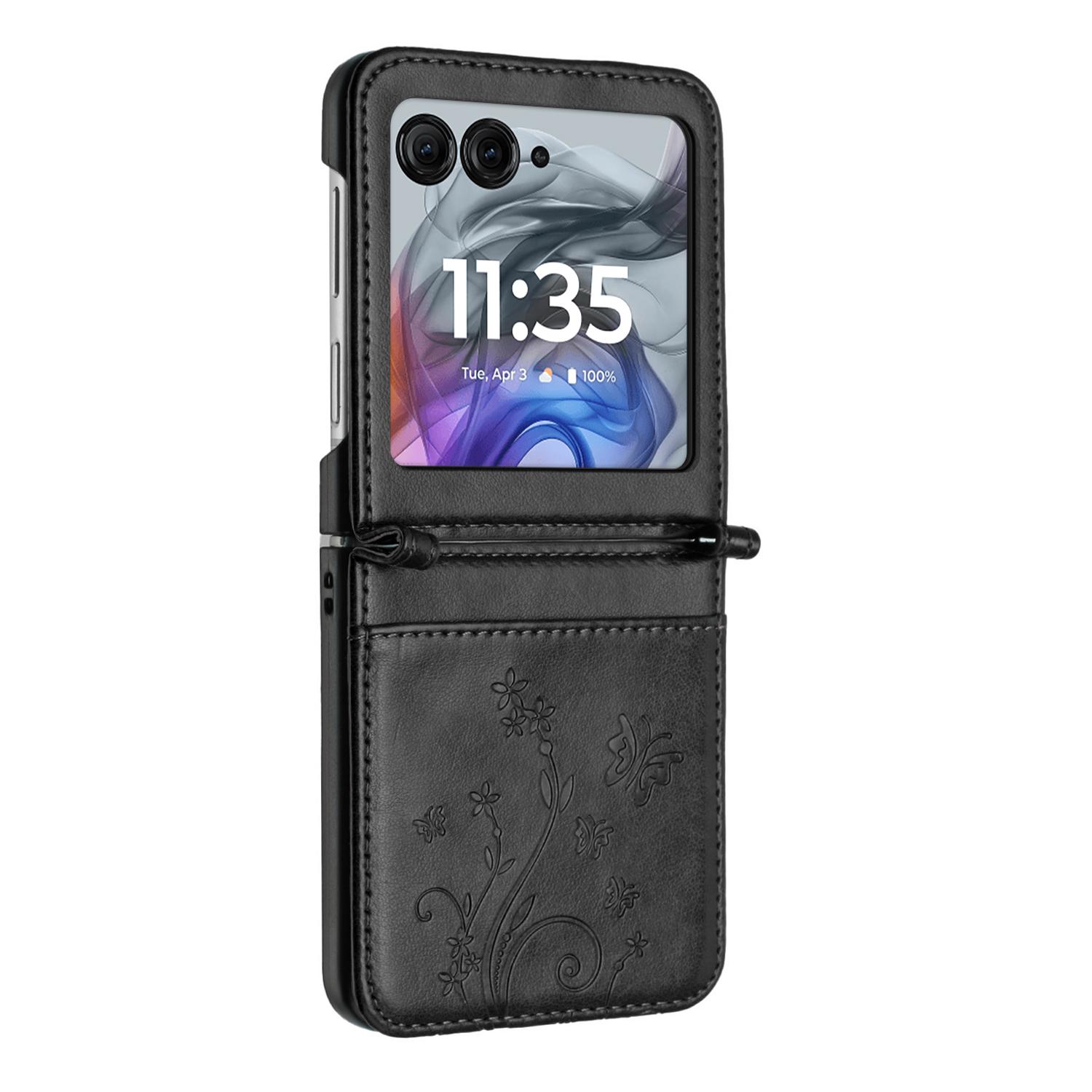 

For Motorola Razr 60/50 5G Leather Case Butterfly Flower Imprinted Phone Cover with Strap Grey