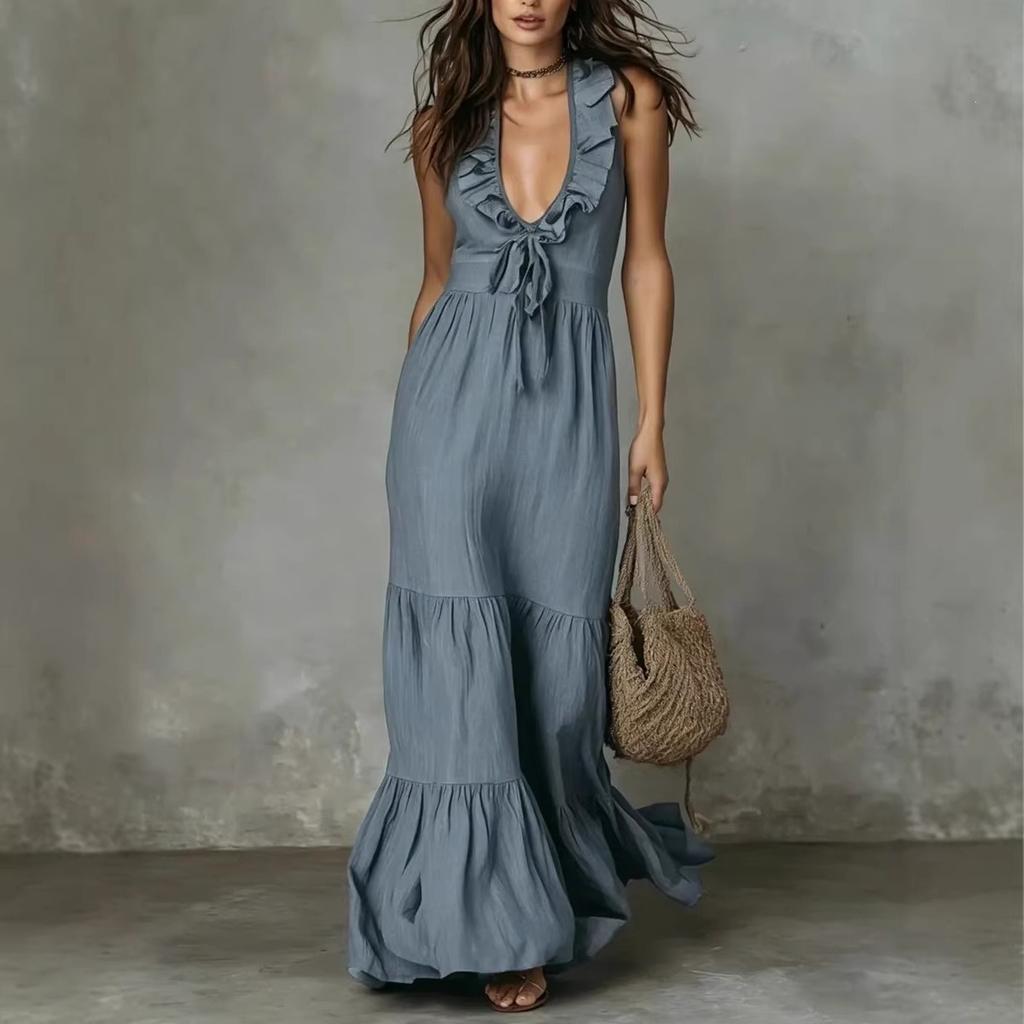 Women's Solid Color Sleeveless V-neck Linen Cotton Big Swing Dress, Spring Summer Casual Dress for European American