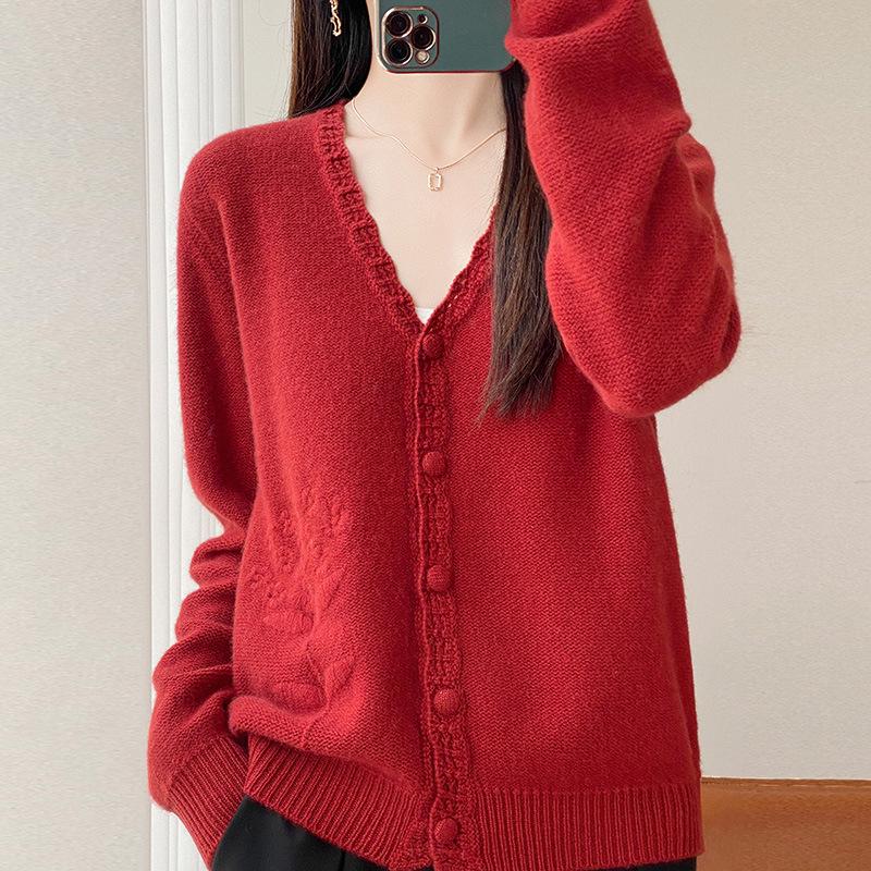 2025 A/W Women's V-Neck Pure Wool Jacquard Knit Cardigan Sweater