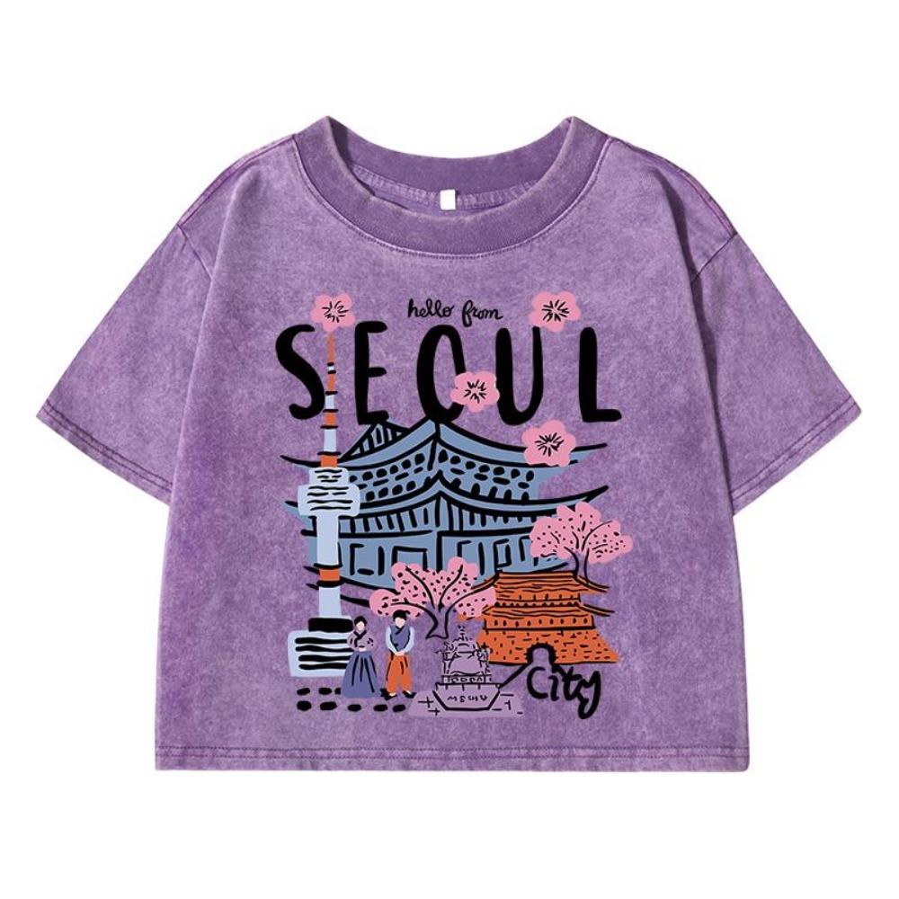 Seoul Beautiful Scenery Printing Female Washed Short T Shirts Breathable T-Shirt Street Clothes Distress Tshirts