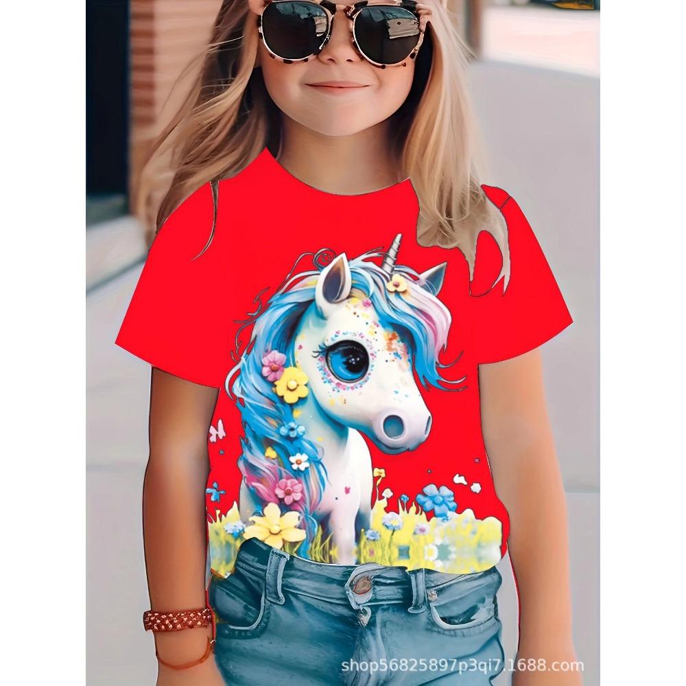 Cartoon Unicorn 3D Digital Casual Short-Sleeve T-Shirt, Suitable for Outdoor Wear, Cute Cartoon Print