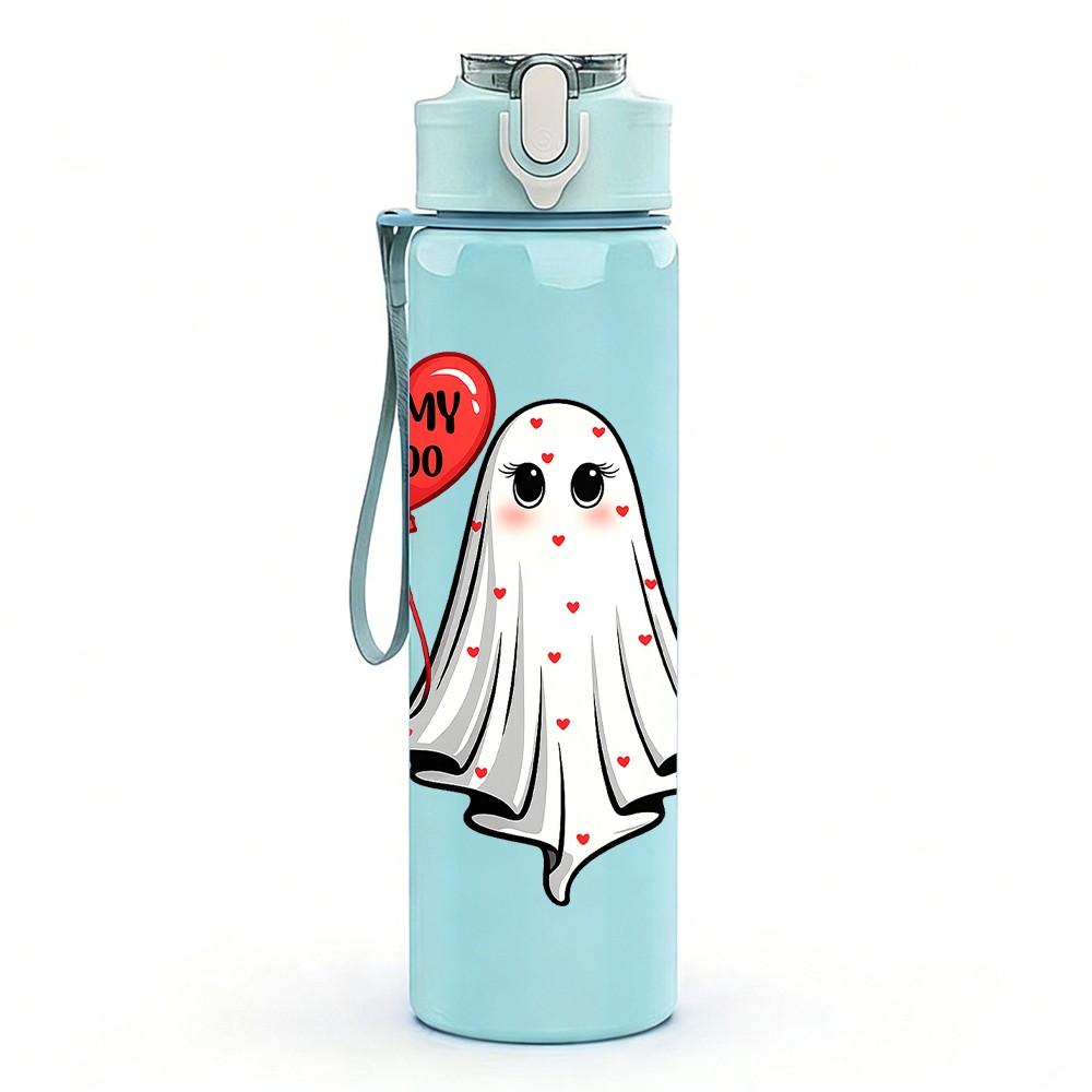 1PC Single Ghost With Red Heart Print 750ml Color Plastic Sports Water Bottle Leakproof Flip Straw Lid Suitable for Sports Office Home Use