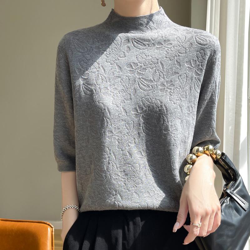 

Женский топ из жаккардового шелка в корейском стиле с короткими рукавами и полувысоким воротником